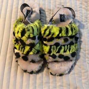 UGG Fluff Yeah Animalia Slingback Sandals Slipper SZ 9 Neon Leopard green